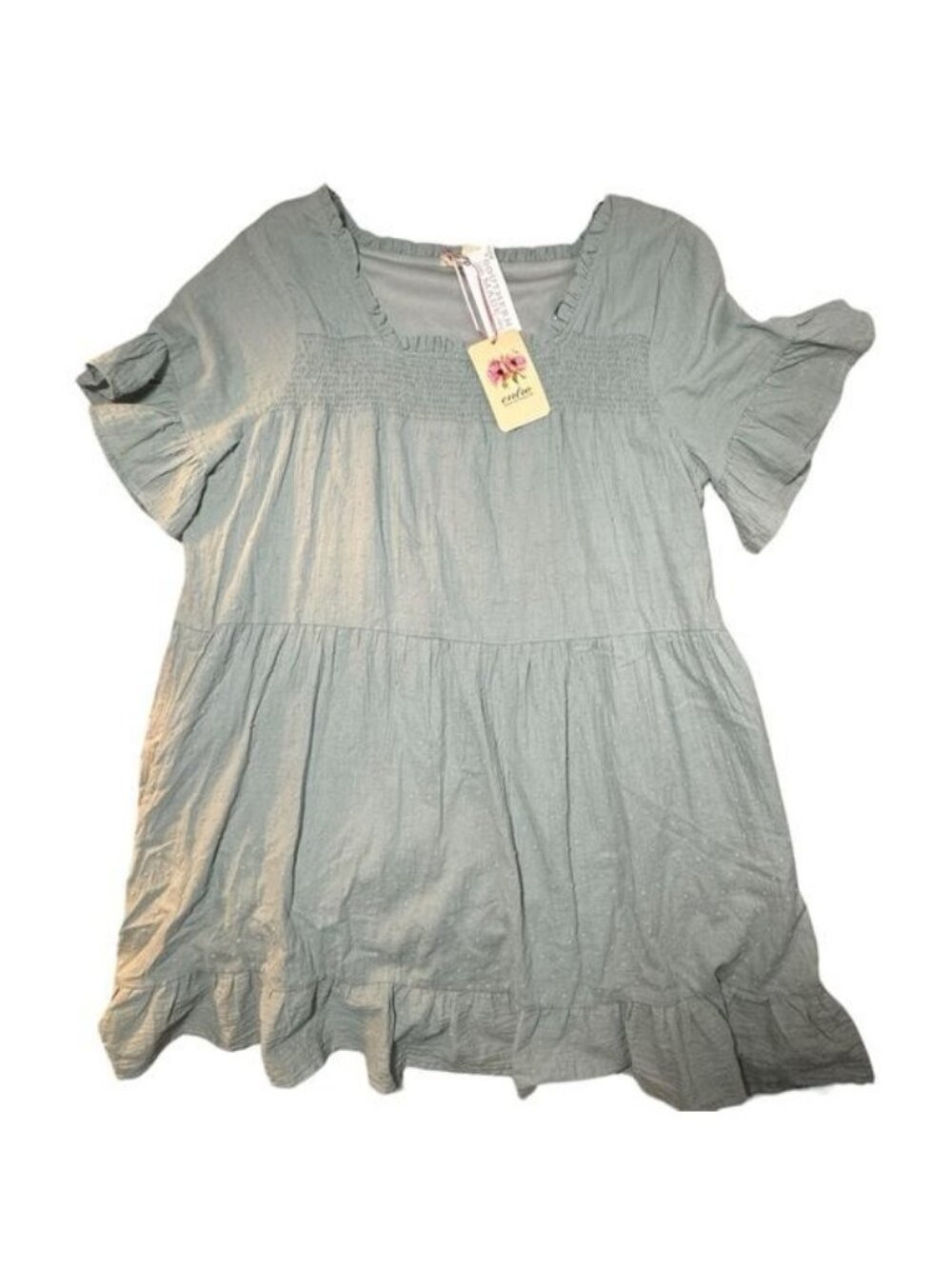 ENTRO Large Knots Print Square Neck Mini Dress NWT Smocked Short Sleeve Flowy